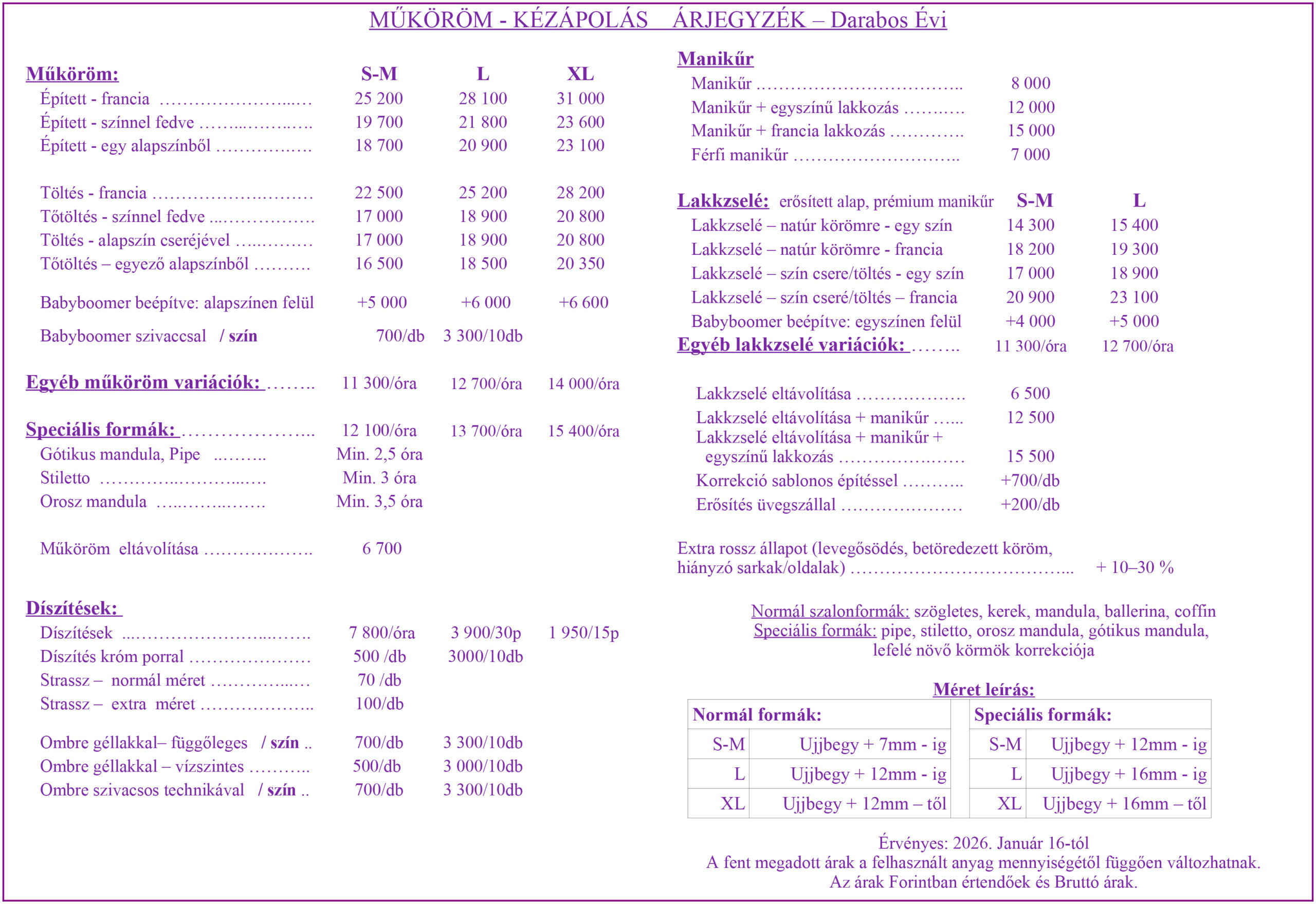 Árlista - Kézápolás, műköröm - Darabos Évi